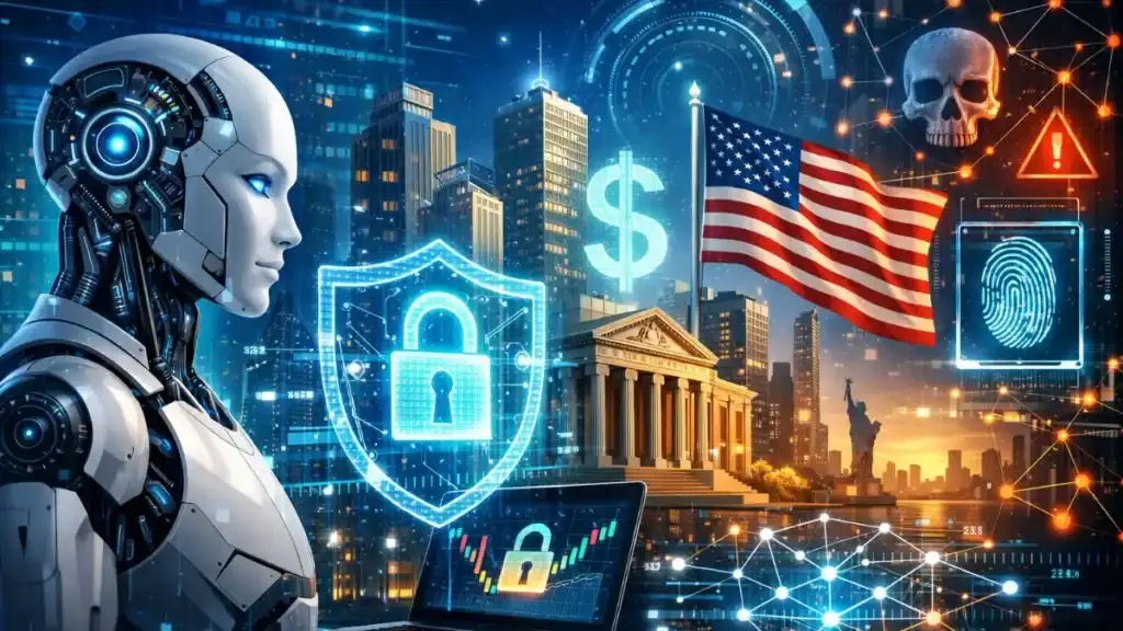 Futuristic cityscape with technology elements.