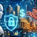 Futuristic cityscape with technology elements.